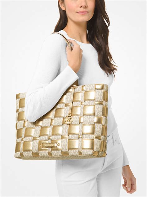 michael kors ivy woven tote|Ivy Large Woven Logo Tote Bag .